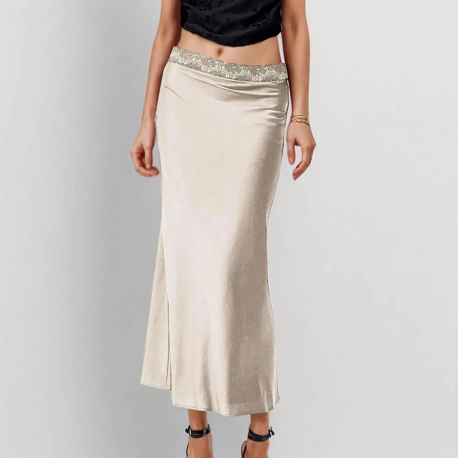 Satin Maxi Skirt Women Lace Trim Silk Flowy Formal Wedding Guest Outfit