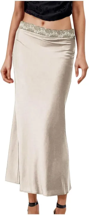 Satin Maxi Skirt Women Lace Trim Silk Flowy Formal Wedding Guest Outfit