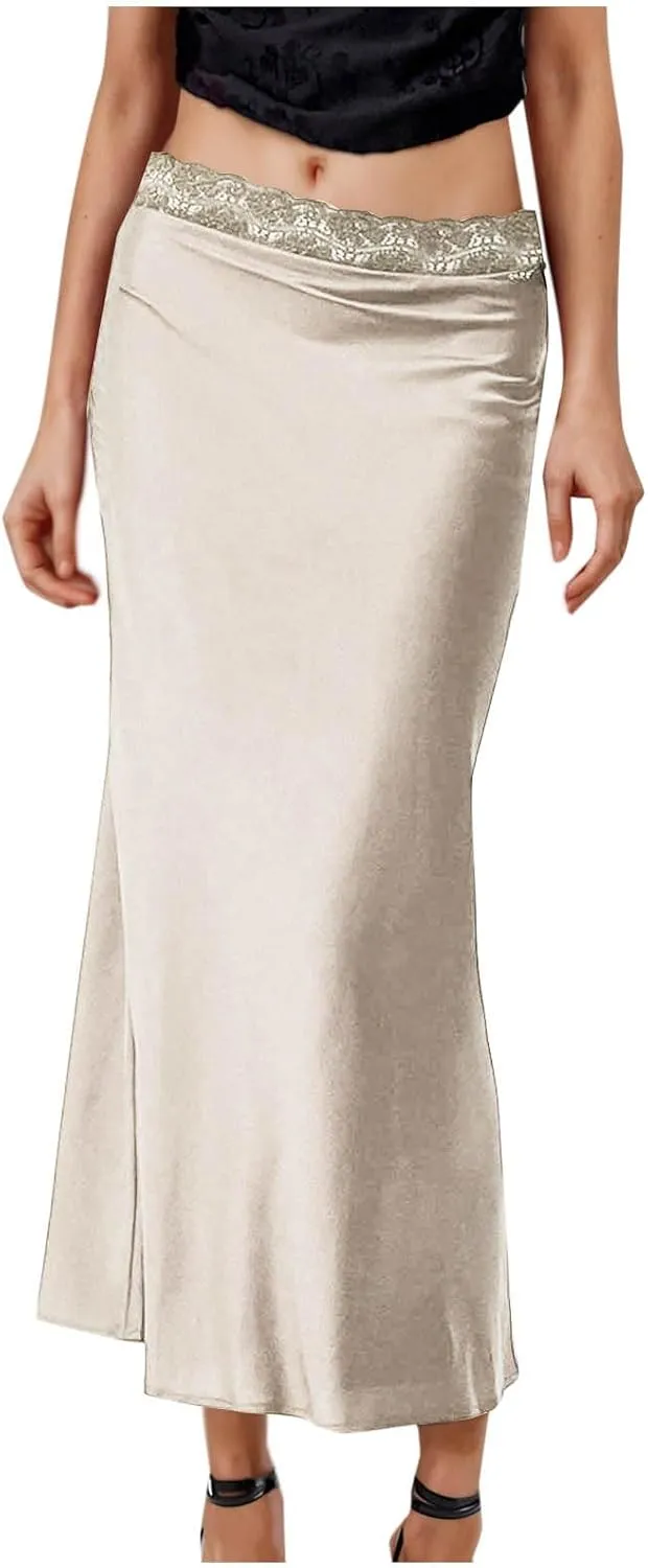 Satin Maxi Skirt Women Lace Trim Silk Flowy Formal Wedding Guest Outfit
