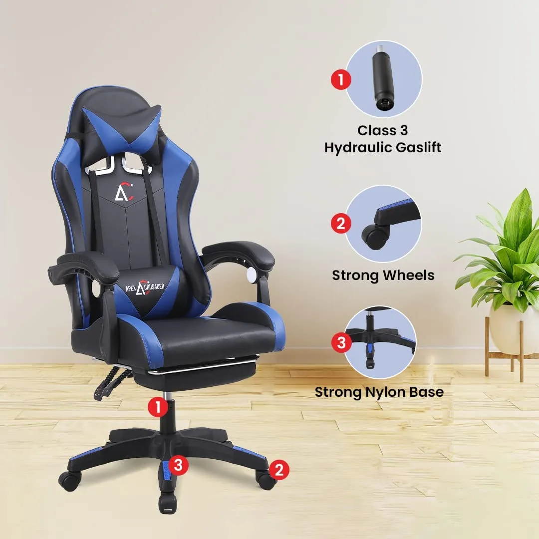 SAVYA HOME Snipe Gaming Chair with Adjustable Headrest & Lumbar Support,135°Recliner Chair | Stretchable Armrest with Footrest, Multifunctional Chair (Blue) |Apex Crusader Gaming Chair Series
