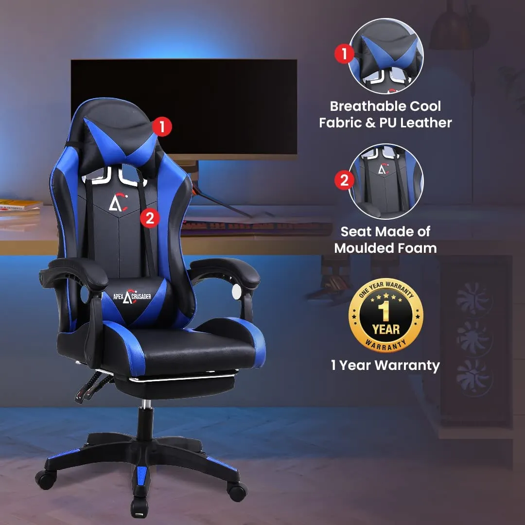 SAVYA HOME Snipe Gaming Chair with Adjustable Headrest & Lumbar Support,135°Recliner Chair | Stretchable Armrest with Footrest, Multifunctional Chair (Blue) |Apex Crusader Gaming Chair Series