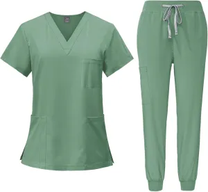 Scrub Sets for Woman 2025 Essential Jogger Scrub Set Nursing Uniform Stretch V-Neck Top & Drawstring Cargo Pants