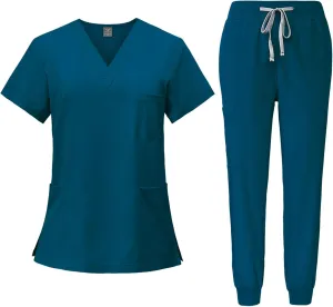 Scrub Sets for Woman 2025 Essential Jogger Scrub Set Nursing Uniform Stretch V-Neck Top & Drawstring Cargo Pants