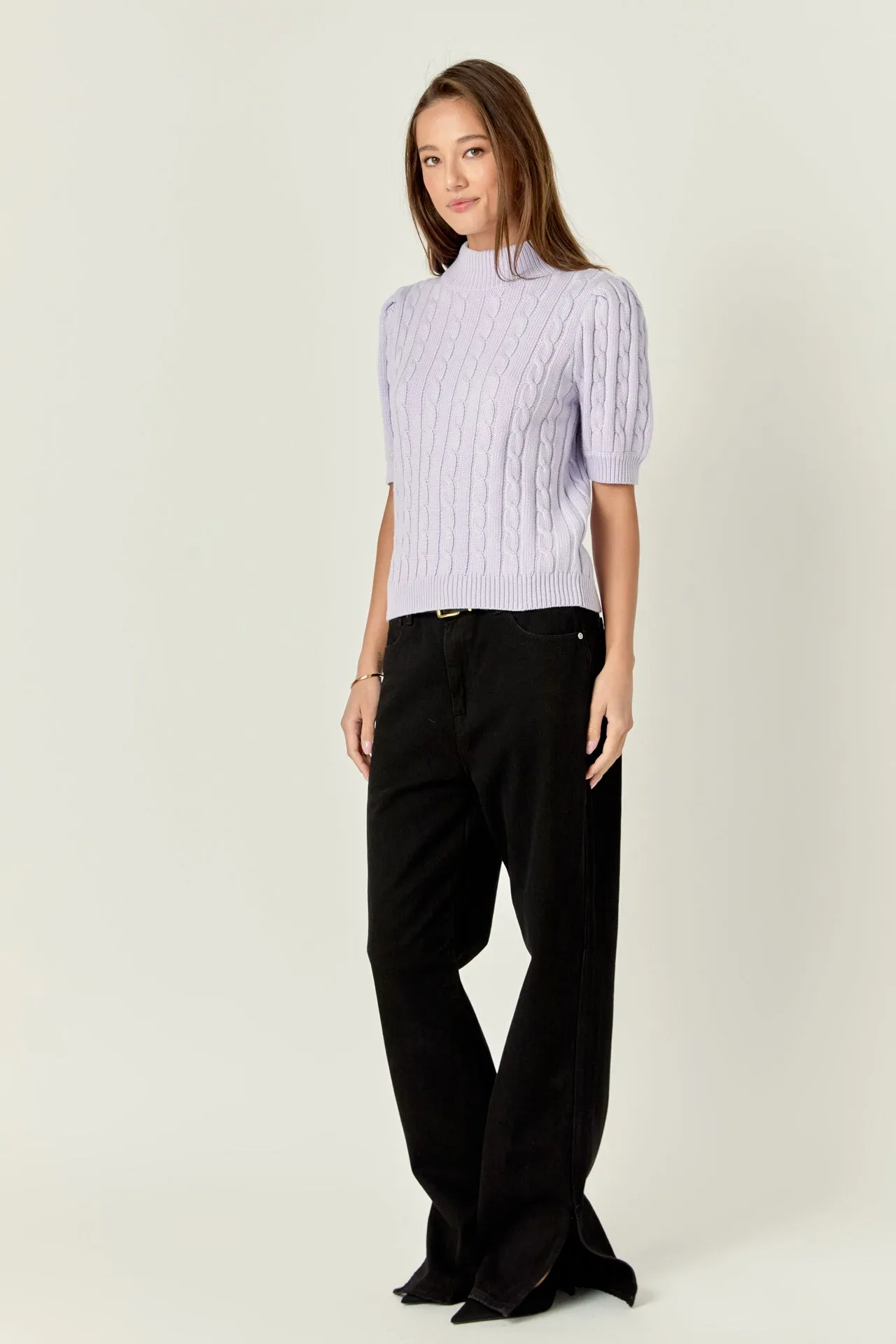 Short-Sleeve Cable-Knit Sweater