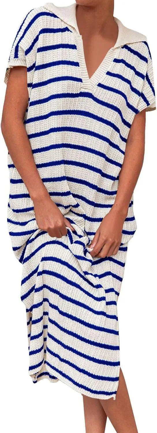 Short Sleeve Dress for Women V Neck Knitted Sweater Striped Side Slit Summer Sundress Casual Holiday Long Dresses