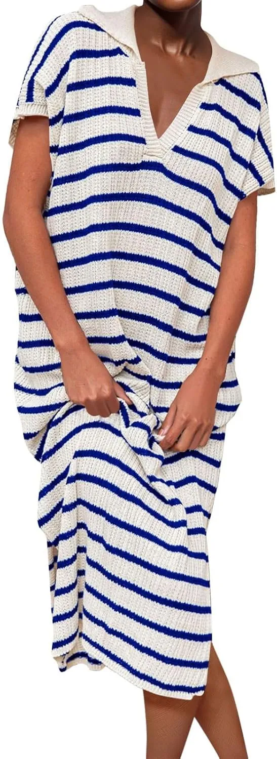Short Sleeve Dress for Women V Neck Knitted Sweater Striped Side Slit Summer Sundress Casual Holiday Long Dresses