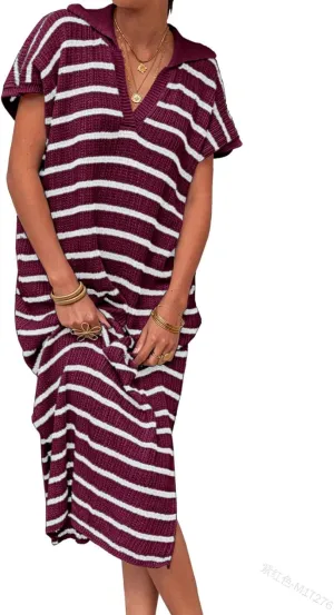 Short Sleeve Dress for Women V Neck Knitted Sweater Striped Side Slit Summer Sundress Casual Holiday Long Dresses