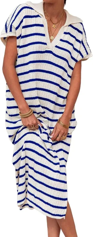 Short Sleeve Dress for Women V Neck Knitted Sweater Striped Side Slit Summer Sundress Casual Holiday Long Dresses