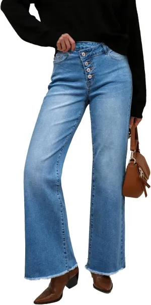 Sidefeel Women's Wide Leg Jeans High Waisted Stretchy Baggy Raw Hem Button Denim Pants