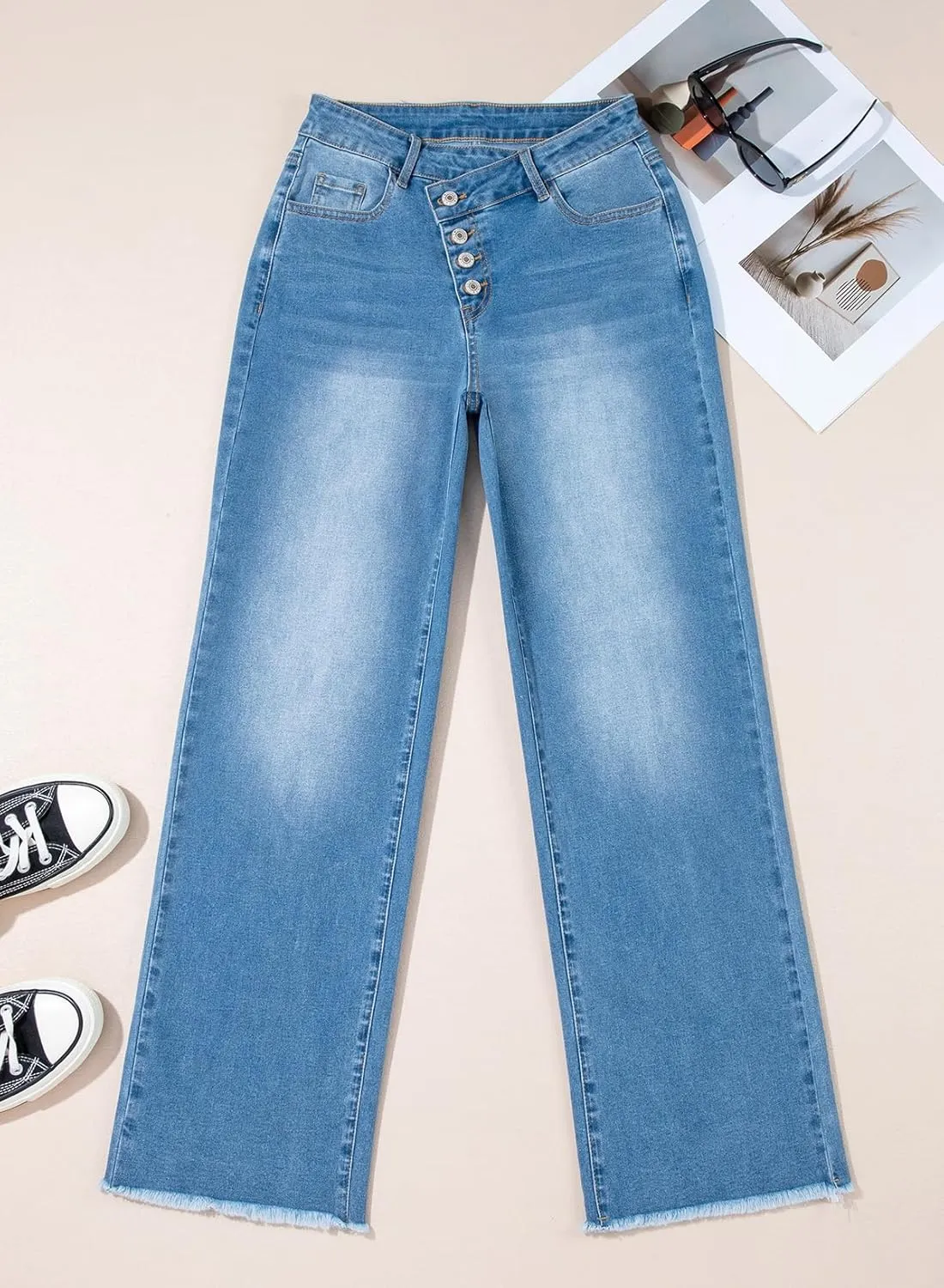 Sidefeel Women's Wide Leg Jeans High Waisted Stretchy Baggy Raw Hem Button Denim Pants