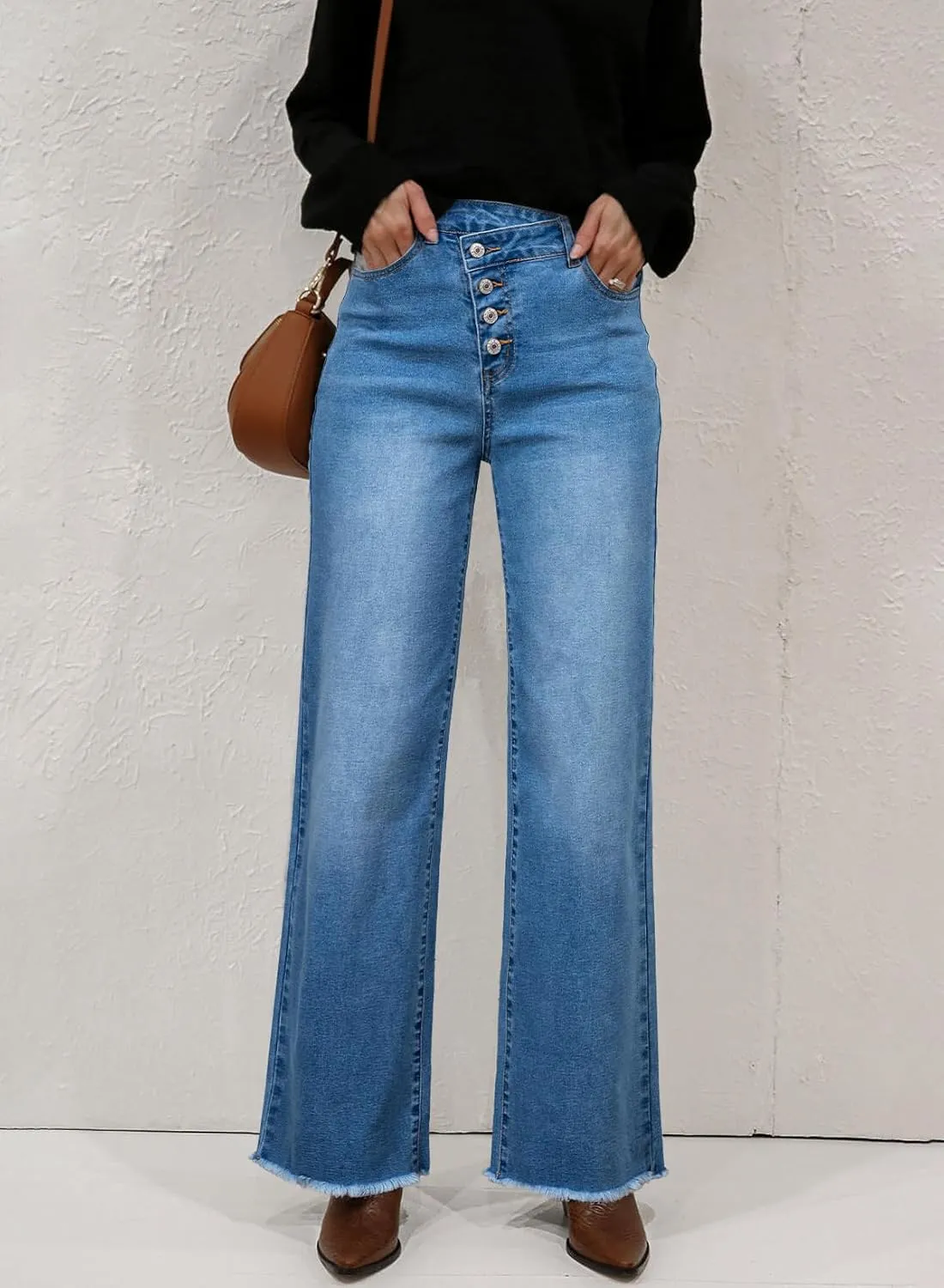 Sidefeel Women's Wide Leg Jeans High Waisted Stretchy Baggy Raw Hem Button Denim Pants