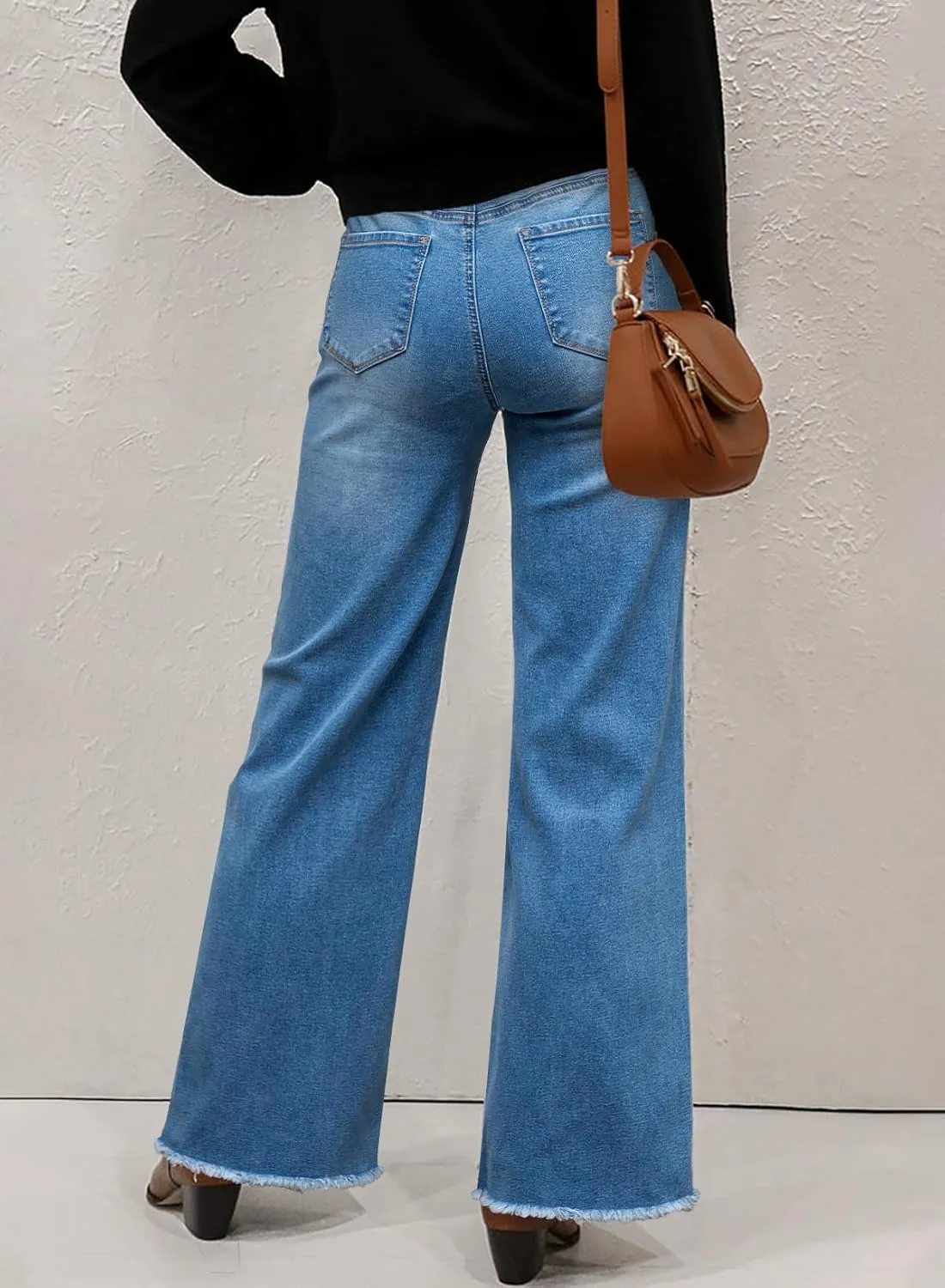 Sidefeel Women's Wide Leg Jeans High Waisted Stretchy Baggy Raw Hem Button Denim Pants