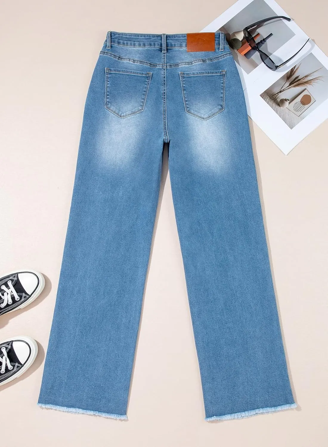 Sidefeel Women's Wide Leg Jeans High Waisted Stretchy Baggy Raw Hem Button Denim Pants