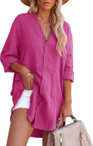 siliteelon Women's Button Down Tunic with Pockets Cotton Gauze Button Up Shirt Dress V Neck Long Sleeve Frayed Blouse Tops