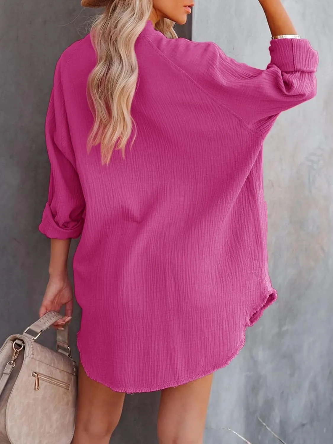siliteelon Women's Button Down Tunic with Pockets Cotton Gauze Button Up Shirt Dress V Neck Long Sleeve Frayed Blouse Tops