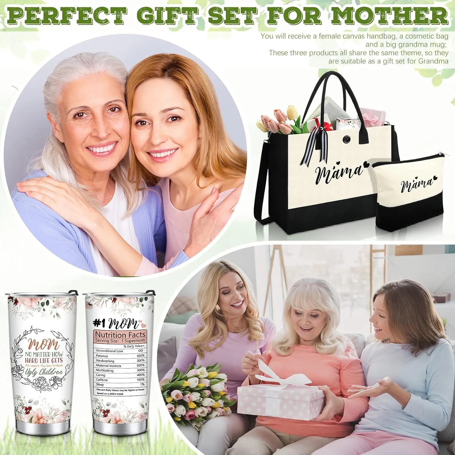 Silkfly 3 Pcs Mama Set for Women Mothers Day Birthday Gifts Stainless Steel Tumbler Canvas Tote Bag for Friend Family Coworker
