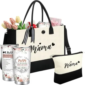 Silkfly 3 Pcs Mama Set for Women Mothers Day Birthday Gifts Stainless Steel Tumbler Canvas Tote Bag for Friend Family Coworker