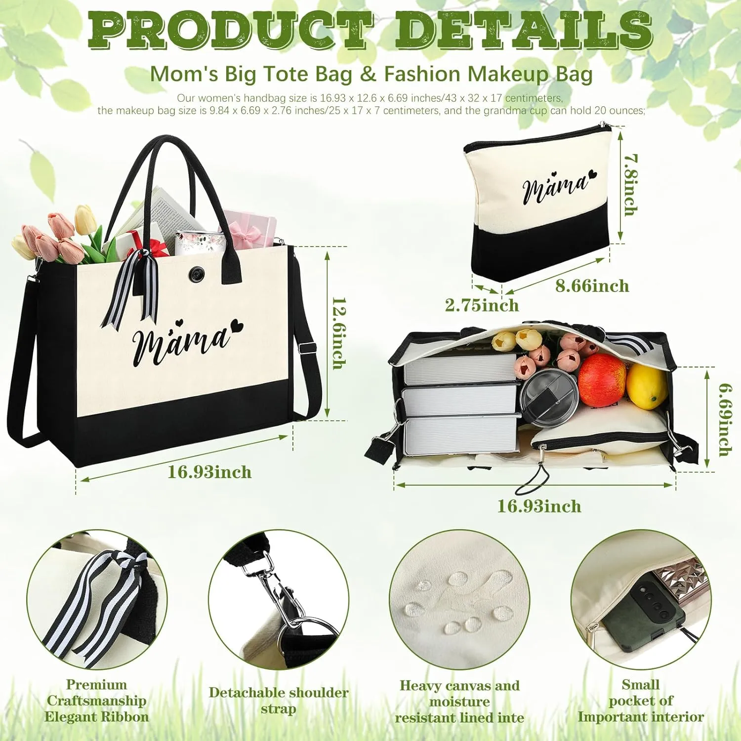 Silkfly 3 Pcs Mama Set for Women Mothers Day Birthday Gifts Stainless Steel Tumbler Canvas Tote Bag for Friend Family Coworker