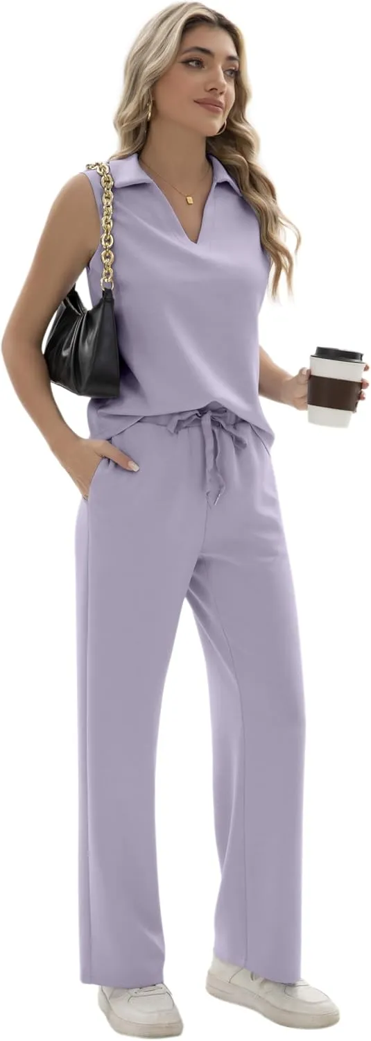 Sixstar Women 2 Piece Outfits Lounge Sets Casual Sleeveless Summer V-Neck Dressy Collared Tracksuit Lounge