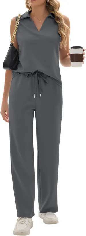 Sixstar Women 2 Piece Outfits Lounge Sets Casual Sleeveless Summer V-Neck Dressy Collared Tracksuit Lounge