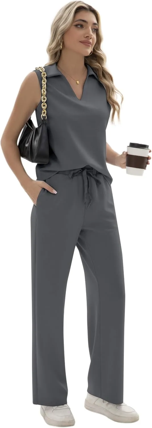 Sixstar Women 2 Piece Outfits Lounge Sets Casual Sleeveless Summer V-Neck Dressy Collared Tracksuit Lounge