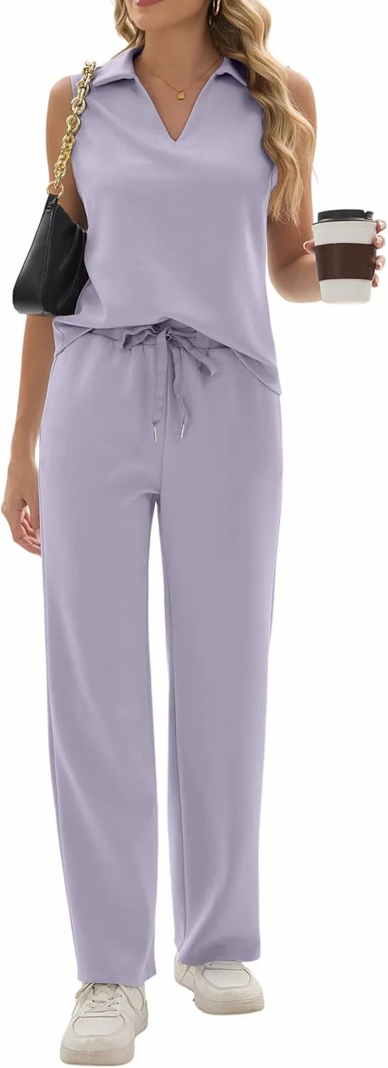 Sixstar Women 2 Piece Outfits Lounge Sets Casual Sleeveless Summer V-Neck Dressy Collared Tracksuit Lounge
