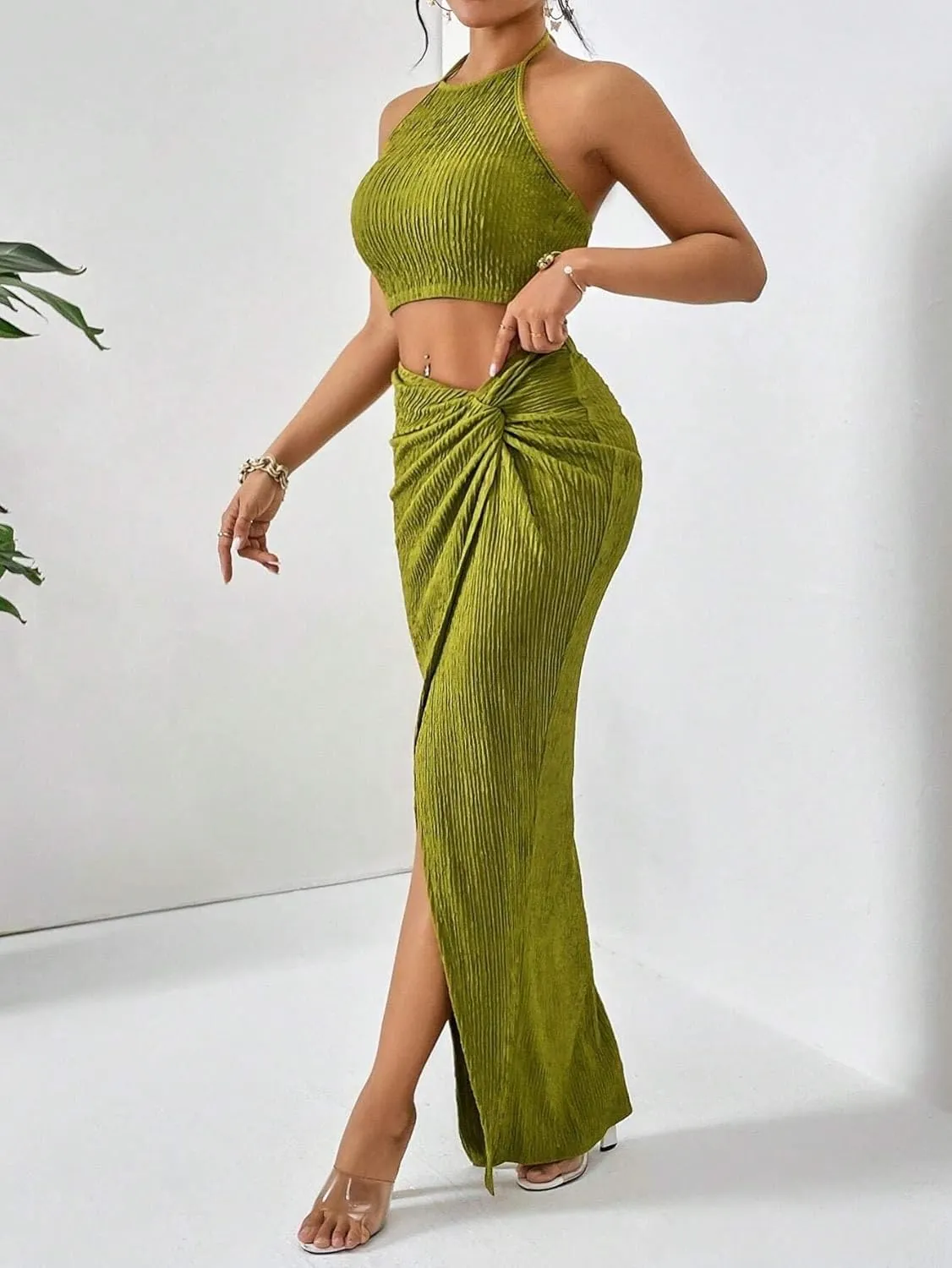 SKAYS Solid Color Cropped Vest Top And Fitted Hip Hugging Twist Front Slit Thigh Skirt Two Piece Set