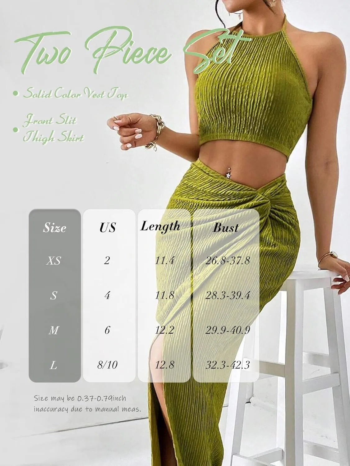 SKAYS Solid Color Cropped Vest Top And Fitted Hip Hugging Twist Front Slit Thigh Skirt Two Piece Set
