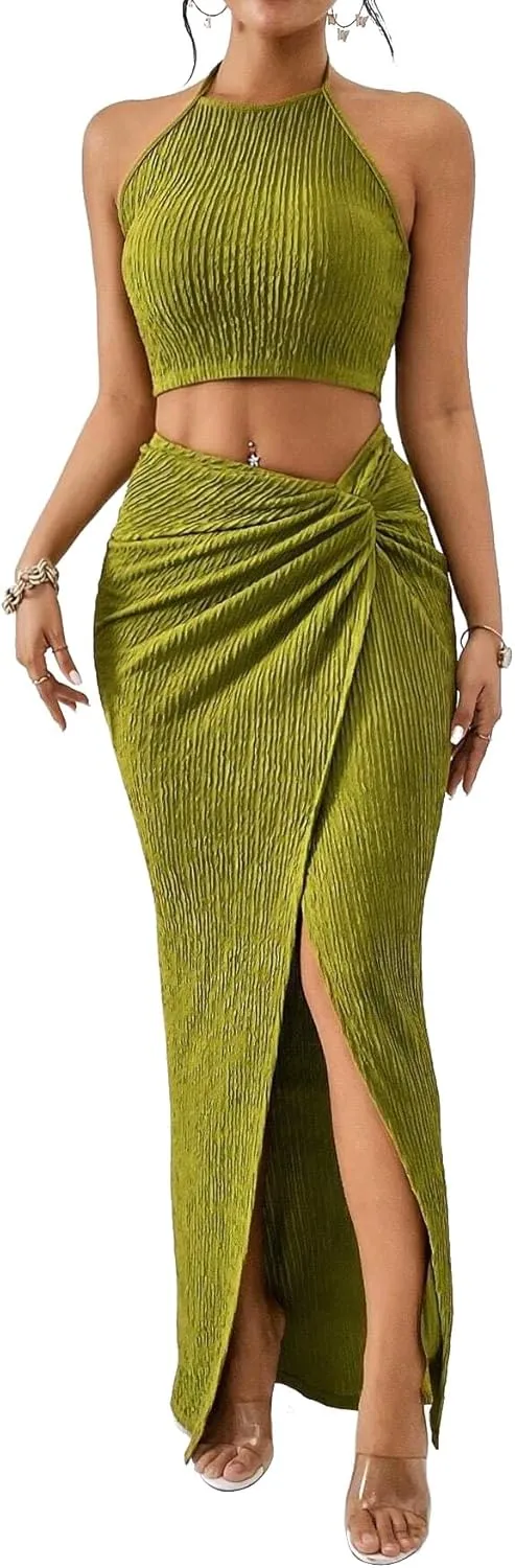SKAYS Solid Color Cropped Vest Top And Fitted Hip Hugging Twist Front Slit Thigh Skirt Two Piece Set