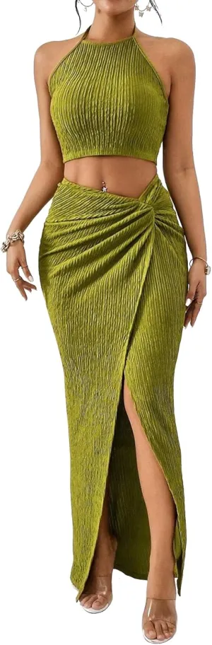 SKAYS Solid Color Cropped Vest Top And Fitted Hip Hugging Twist Front Slit Thigh Skirt Two Piece Set