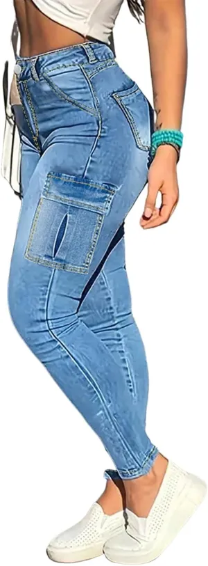 Skinny Cargo Pants Women High Waisted Jeans Stretch Fashion Casual with Flaps 6 Pockets