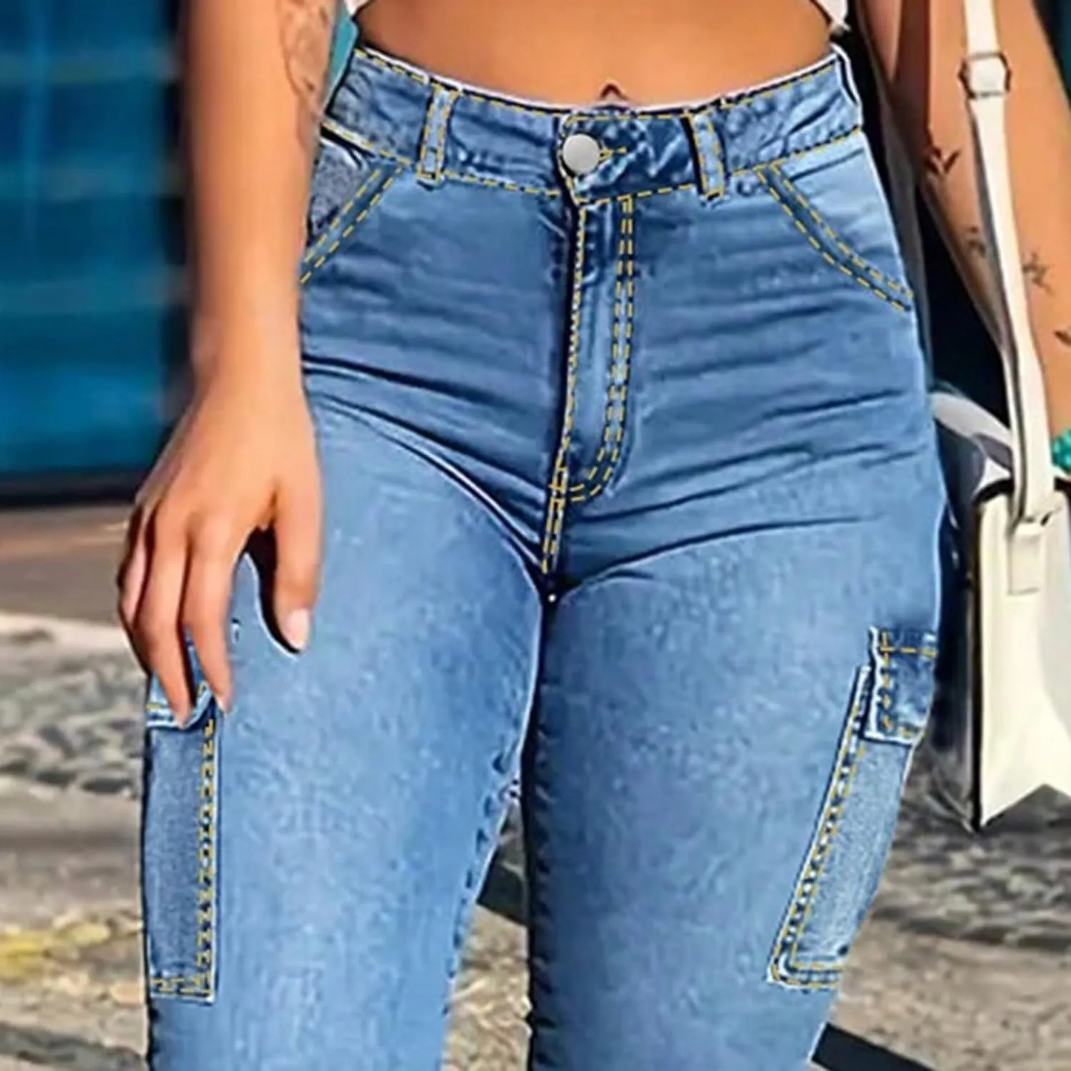 Skinny Cargo Pants Women High Waisted Jeans Stretch Fashion Casual with Flaps 6 Pockets