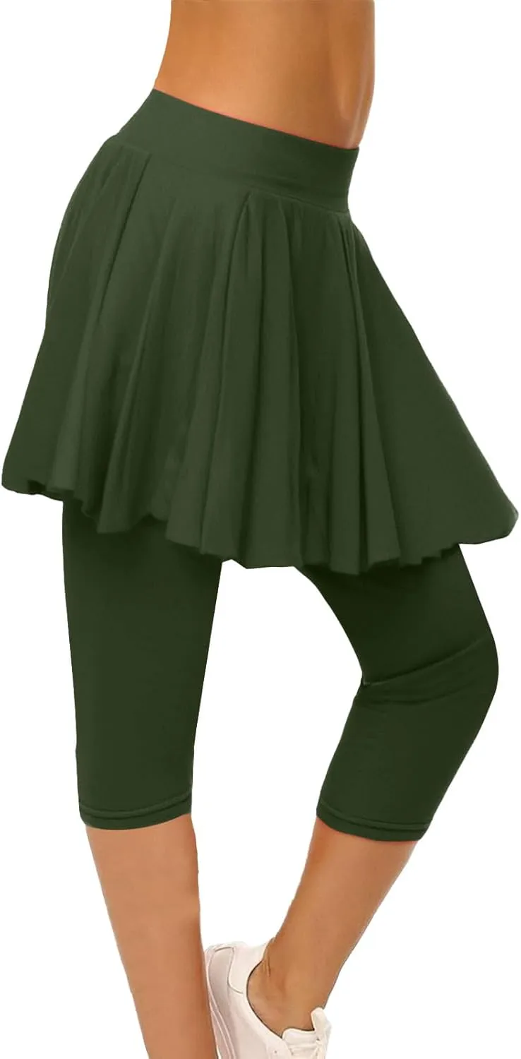 Skirted Leggings for Women High Waist Knee Length Golf Tennis Capri Yoga Pants Pleated Skirt Athletic Running Skorts