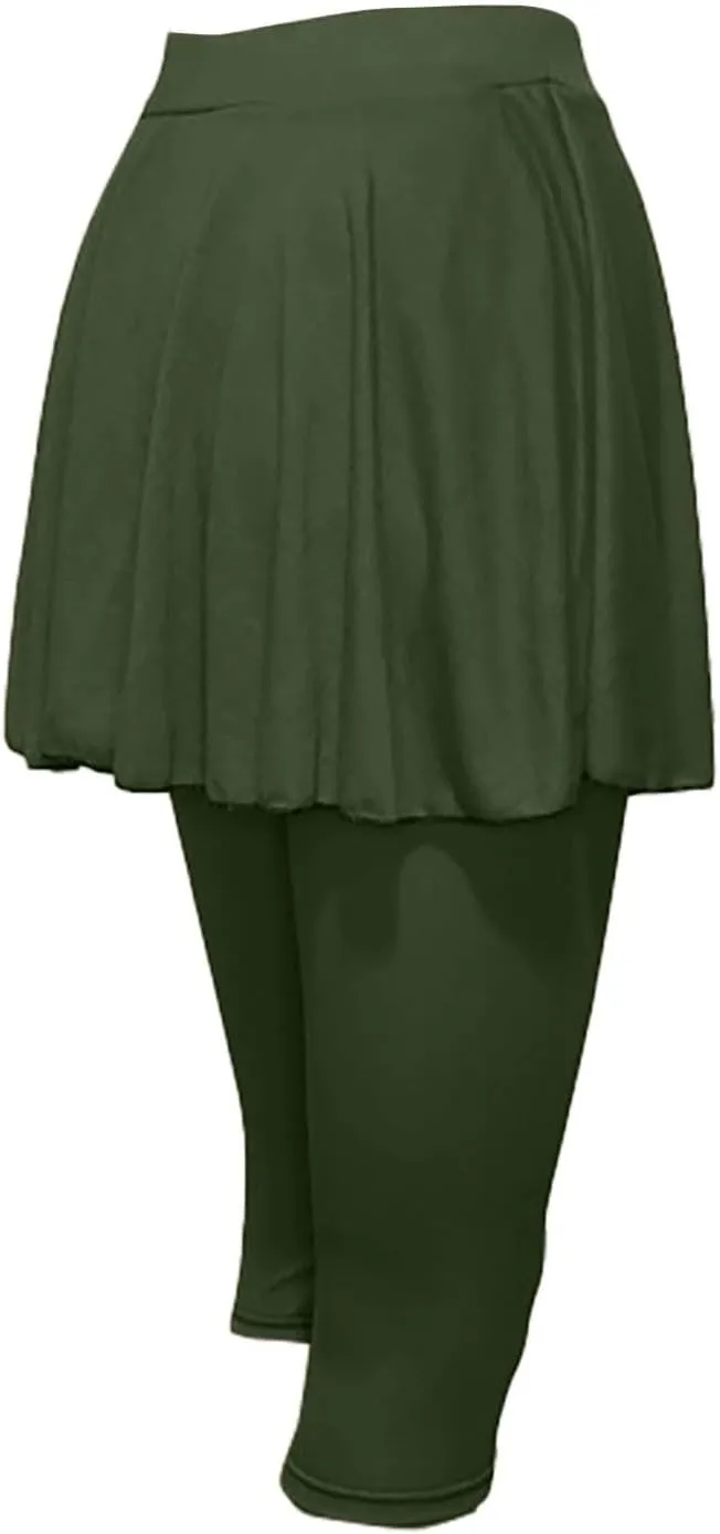 Skirted Leggings for Women High Waist Knee Length Golf Tennis Capri Yoga Pants Pleated Skirt Athletic Running Skorts