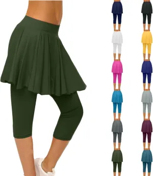Skirted Leggings for Women High Waist Knee Length Golf Tennis Capri Yoga Pants Pleated Skirt Athletic Running Skorts