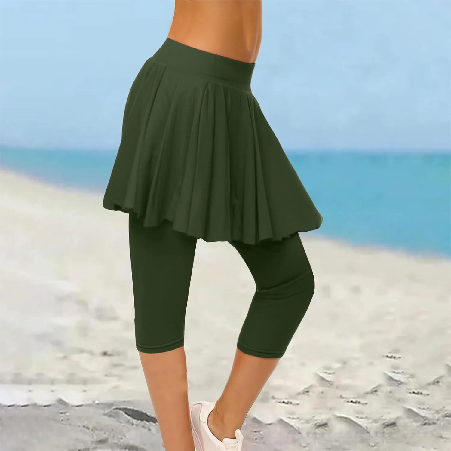 Skirted Leggings for Women High Waist Knee Length Golf Tennis Capri Yoga Pants Pleated Skirt Athletic Running Skorts