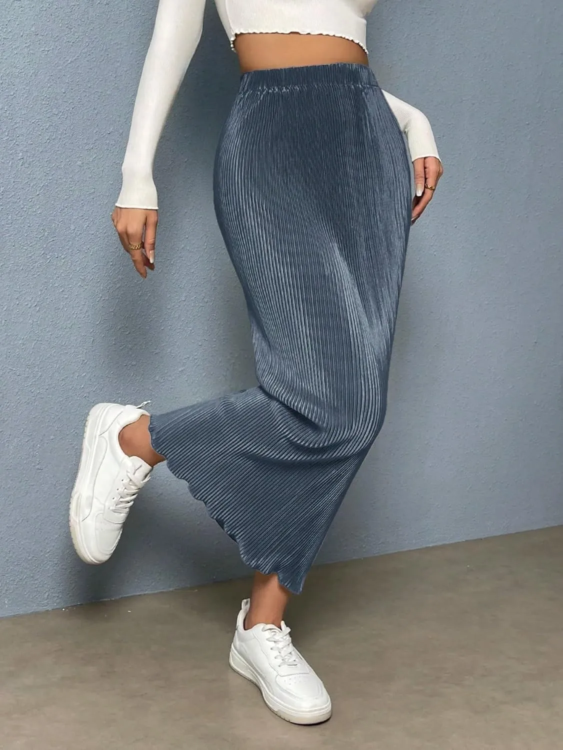 Skirts for Women Trendy Summer 2025 Solid Color Elasticated Waist Ruffle Hem Casual Maxi Skirt