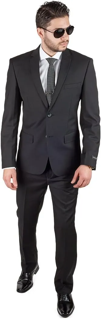 Slim Fit Men Suit Solid Black 2 Button Notch Lapel Flat Front Pants by Azar