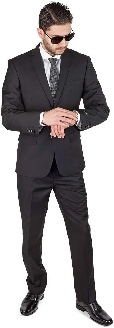 Slim Fit Men Suit Solid Black 2 Button Notch Lapel Flat Front Pants by Azar