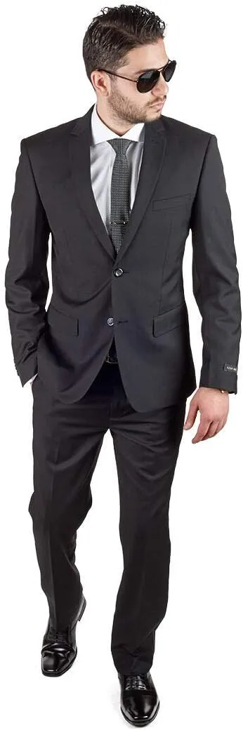 Slim Fit Men Suit Solid Black 2 Button Notch Lapel Flat Front Pants by Azar