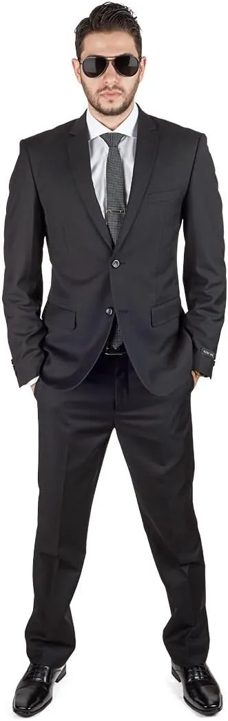 Slim Fit Men Suit Solid Black 2 Button Notch Lapel Flat Front Pants by Azar