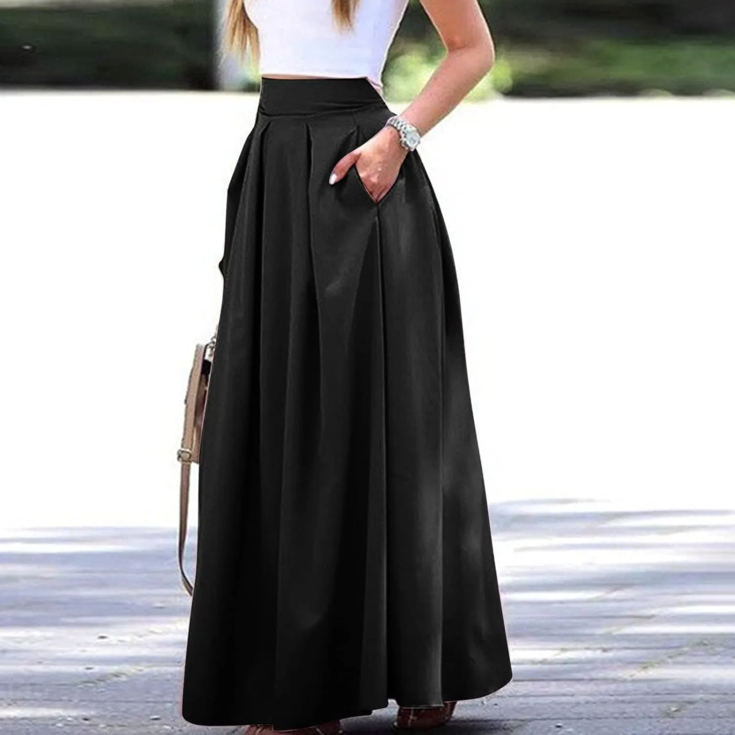 Solid Color Women Skirts Pleated with Pockets Dress Plus Size A Line High Waist Summer 2023 Modest Robe Classy Flowy