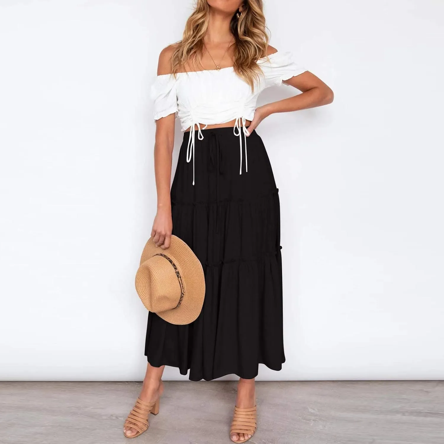 Solid Renaissance Skirt A Line Summer Pleated Boho High Rise Knee Length Skirts for Women Robe High Waist Cute Dress
