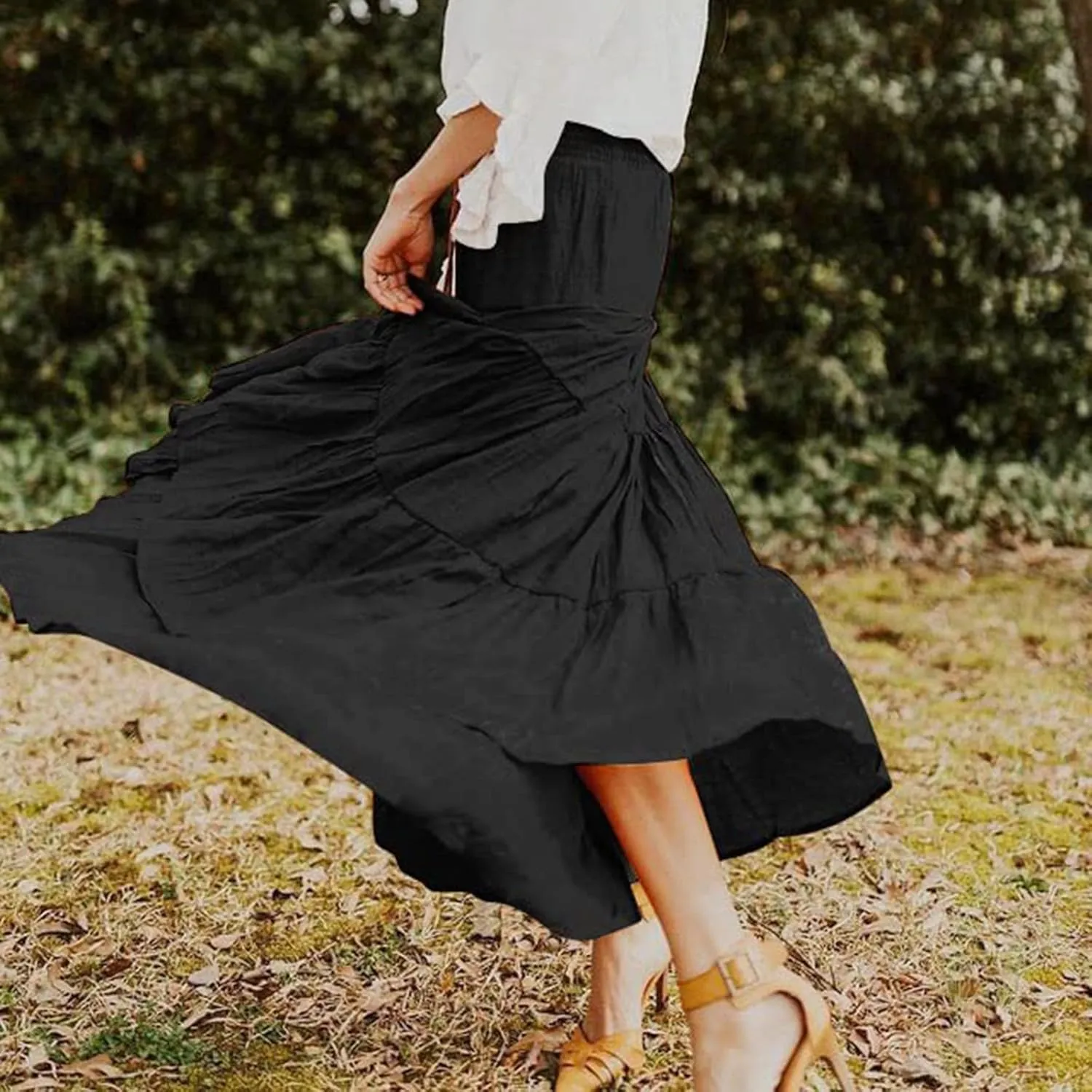 Solid Renaissance Skirt A Line Summer Pleated Boho High Rise Knee Length Skirts for Women Robe High Waist Cute Dress