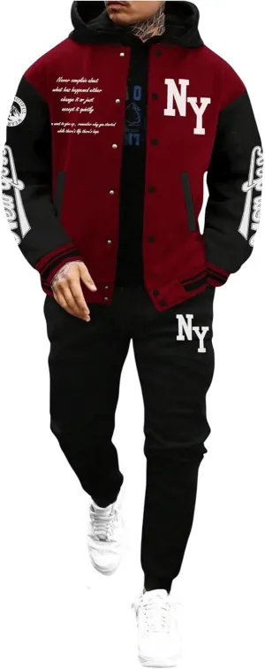 SOLY HUX Men's Tracksuit 2 Piece Outfits Color Block Letter Graphic Long Sleeve Varsity Jacket and Pants Set