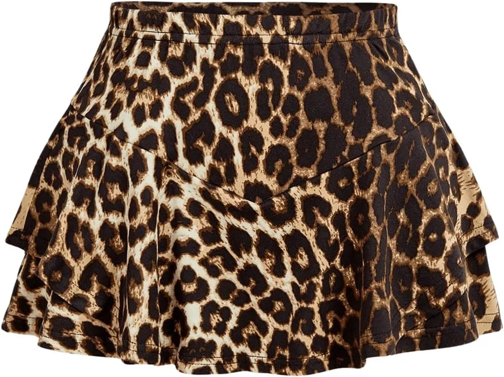 SOLY HUX Women's 3 Piece Skort Leopard Print Elastic Waist Ruffle Hem Skirt Shorts