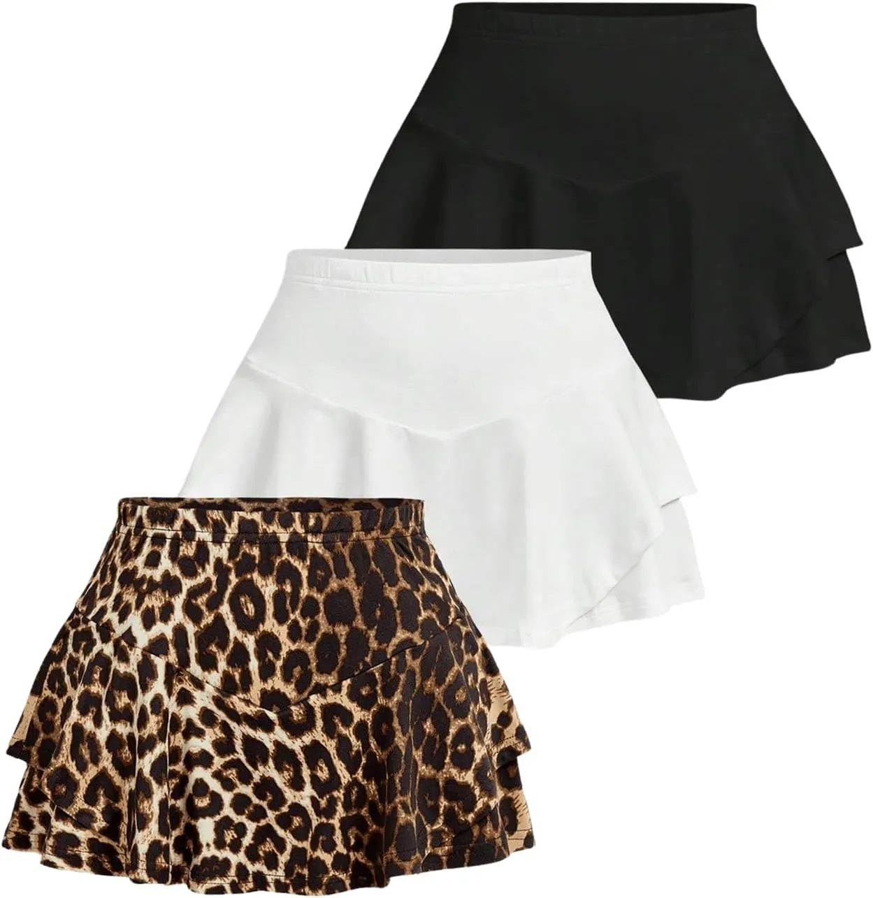 SOLY HUX Women's 3 Piece Skort Leopard Print Elastic Waist Ruffle Hem Skirt Shorts