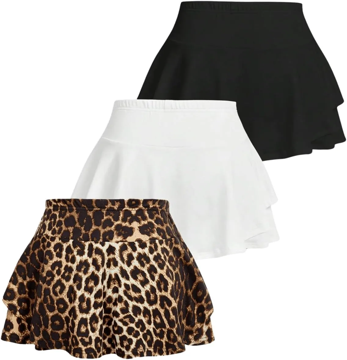 SOLY HUX Women's 3 Piece Skort Leopard Print Elastic Waist Ruffle Hem Skirt Shorts
