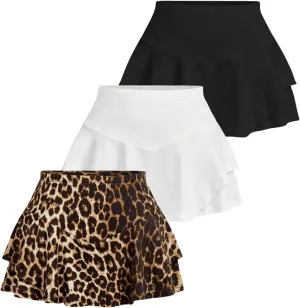 SOLY HUX Women's 3 Piece Skort Leopard Print Elastic Waist Ruffle Hem Skirt Shorts