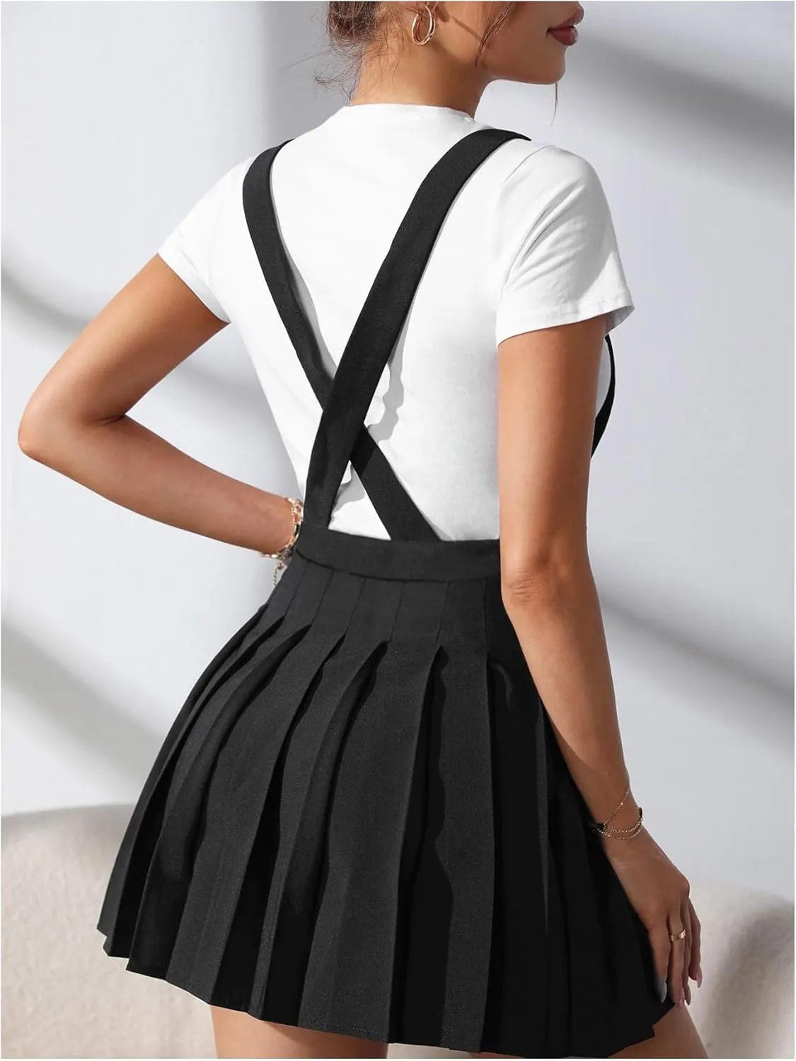 SOLY HUX Women's Braces Skirt Pleated A Line Mini Skirt High Waisted Overall Skater Suspender Skirts